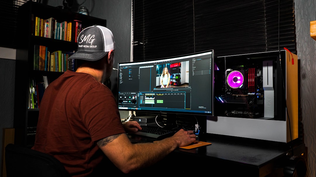 An editor working at a desktop video workstation.
